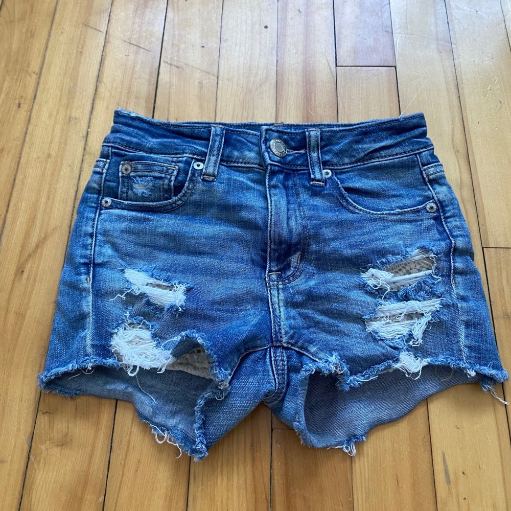American Eagle Outfitters Hi Rise Shortie Denim Shorts Distressed Size 0